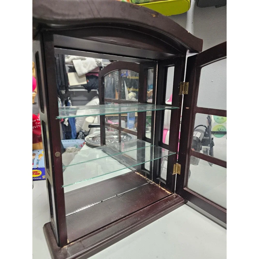 Vintage Wood Glass Curio Cabinet Wall Hanging Display Case Espresso Brown